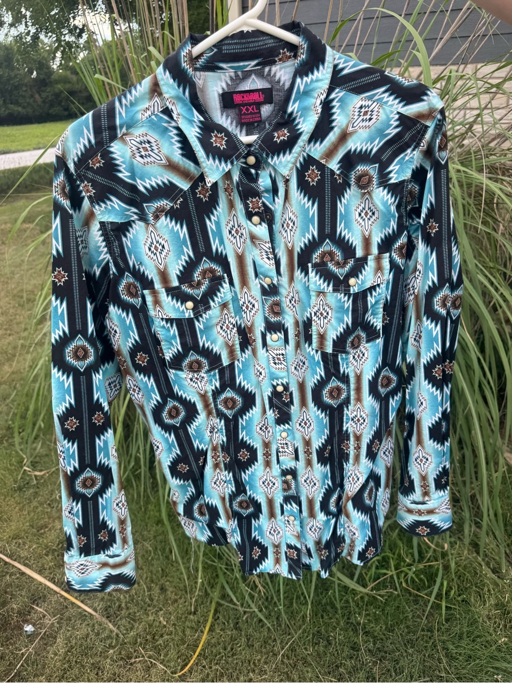 Rock & Roll Cowgirl Turquoise Aztec Button-Down Shirt - XXL